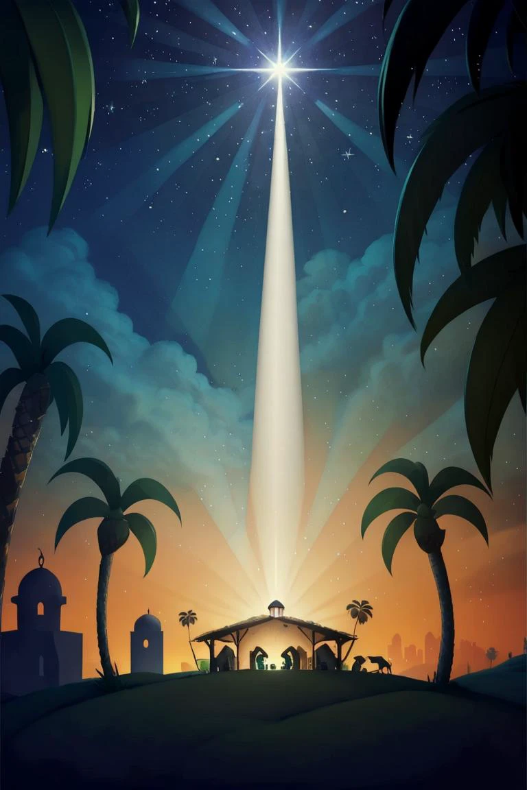 <lora:twistedscarlett60_style:0.8>, ((masterpiece,best quality)),  <lora:Star_of_Bethlehem:0.8>, Star_of_Bethlehem,  night sky, starry sky, glowing, outdoors, tree, building, green theme, palm tree, silhouette