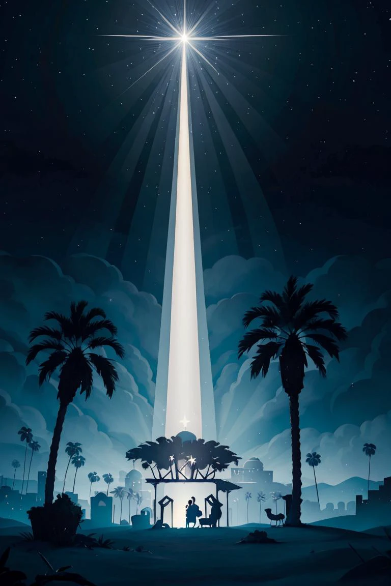 <lora:ricegnat_style:0.8>, ((masterpiece,best quality)), <lora:Star_of_Bethlehem:0.8>, Star_of_Bethlehem, night sky, starry sky, glowing, outdoors, tree, building, blue theme, palm tree, silhouette