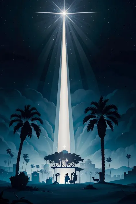 <lora:ricegnat_style:0.8>, ((masterpiece,best quality)),  <lora:Star_of_Bethlehem:0.8>, Star_of_Bethlehem,  night sky, starry sky, glowing, outdoors, tree, building, blue theme, palm tree, silhouette