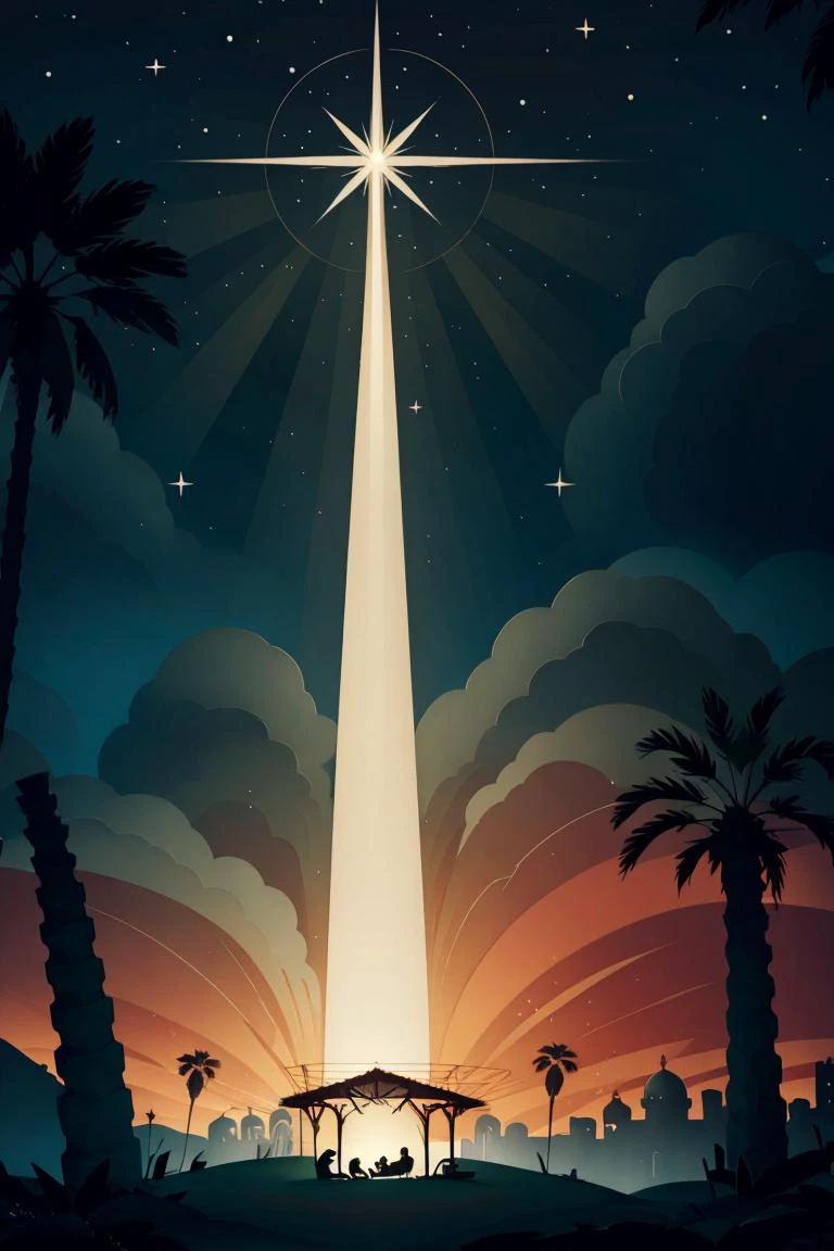<lora:ricegnat_style:0.8>, ((masterpiece,best quality)), <lora:Star_of_Bethlehem:0.8>, Star_of_Bethlehem, night sky, starry sky, glowing, outdoors, tree, building, green theme, palm tree, silhouette