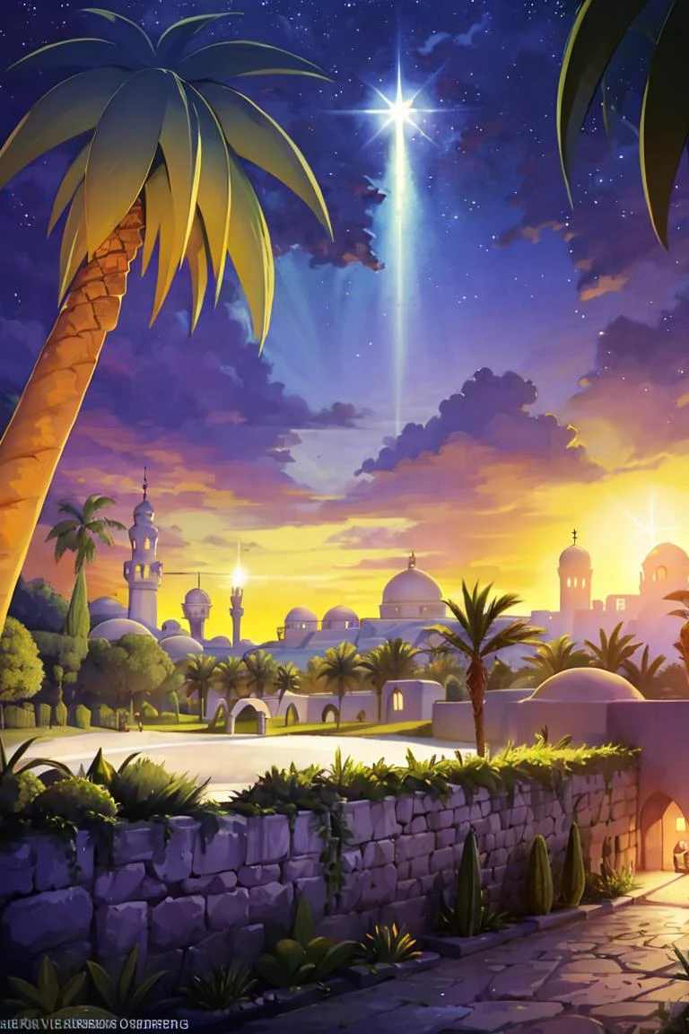 <lora:twistedscarlett60_style:0.8>, ((masterpiece,best quality)), absurdres, <lora:Star_of_Bethlehem:0.8>, Star_of_Bethlehem, night sky, starry sky, glowing, outdoors, tree, building, green theme, palm tree, silhouette