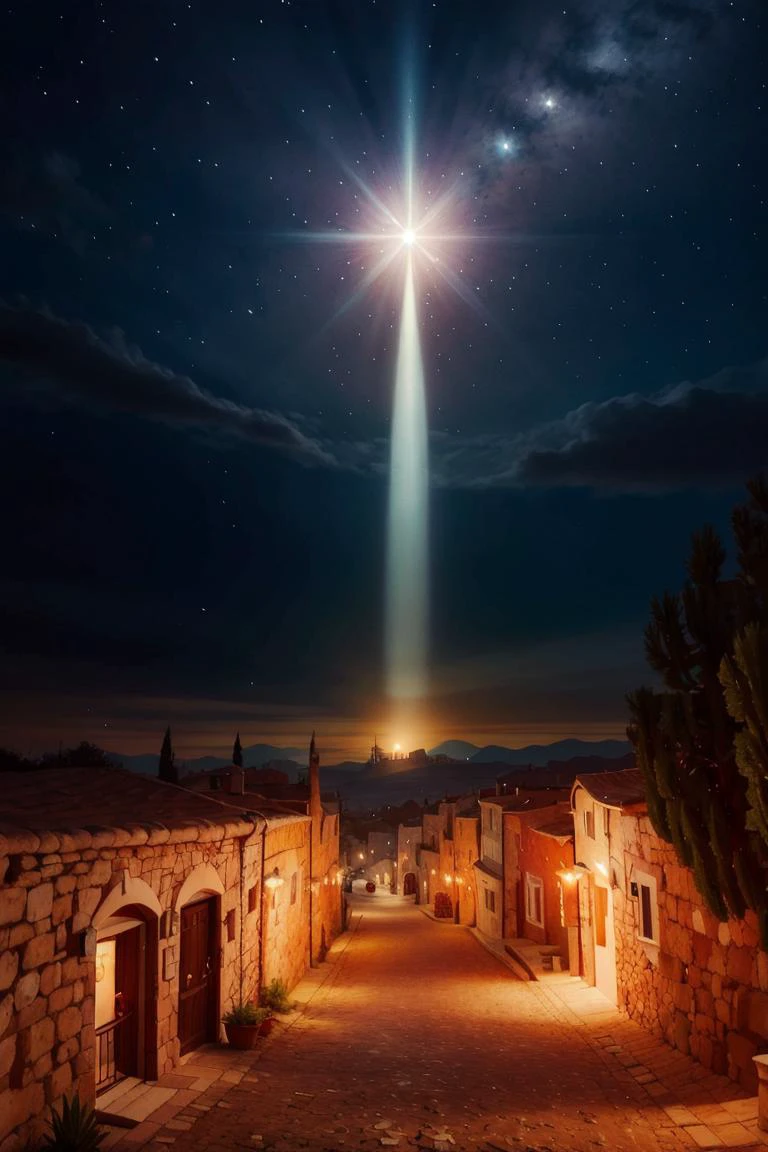 <lora:ricegnat_style:0.8>, ((masterpiece,best quality)), <lora:Star_of_Bethlehem:0.8>, Star_of_Bethlehem, night sky, starry sky, glowing, small village