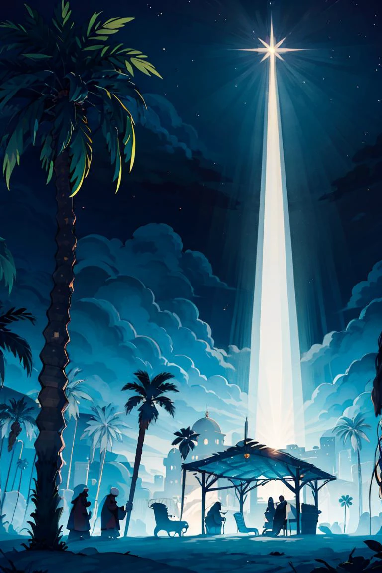 ((masterpiece,best quality)), <lora:Star_of_Bethlehem:0.8>, Star_of_Bethlehem, night sky, starry sky, glowing, outdoors, tree, building, blue theme, palm tree, silhouette
