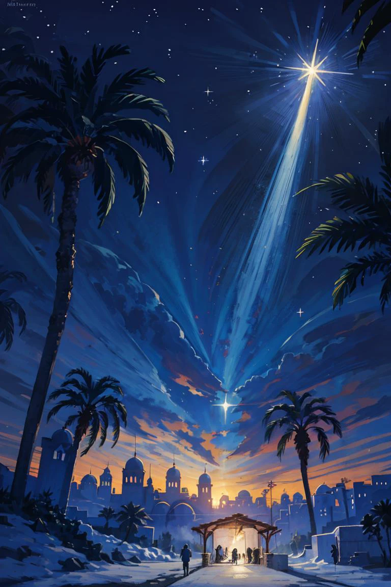 ((masterpiece,best quality)), absurdres, <lora:Star_of_Bethlehem:0.8>, Star_of_Bethlehem, night sky, starry sky, glowing, outdoors, tree, building, blue theme, palm tree, silhouette