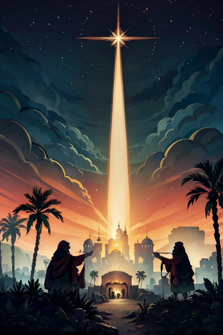 ((masterpiece,best quality)), <lora:Star_of_Bethlehem:0.8>, Star_of_Bethlehem, night sky, starry sky, glowing, outdoors, tree, building, green theme, palm tree, silhouette