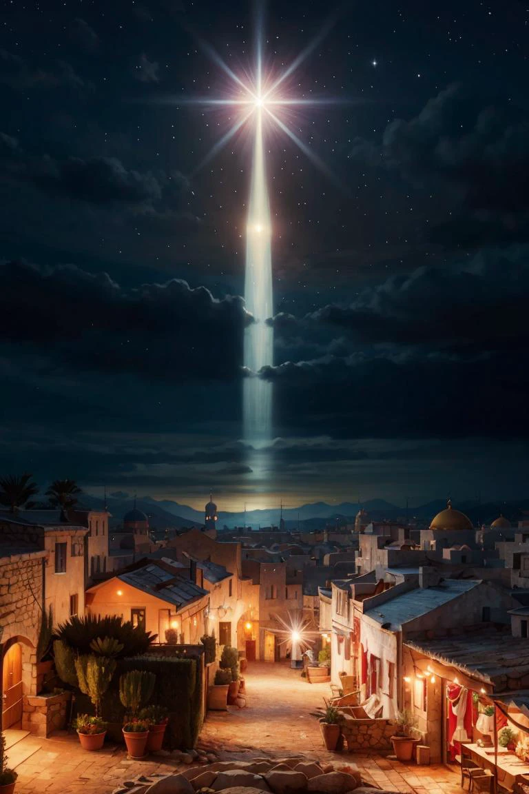 <lora:ricegnat_style:0.8>, ((masterpiece,best quality)), <lora:Star_of_Bethlehem:0.8>, Star_of_Bethlehem, night sky, starry sky, glowing, small village