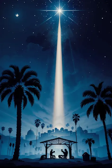 ((masterpiece,best quality)),  <lora:Star_of_Bethlehem:0.8>, Star_of_Bethlehem,  night sky, starry sky, glowing, outdoors, tree, building, blue theme, palm tree, silhouette