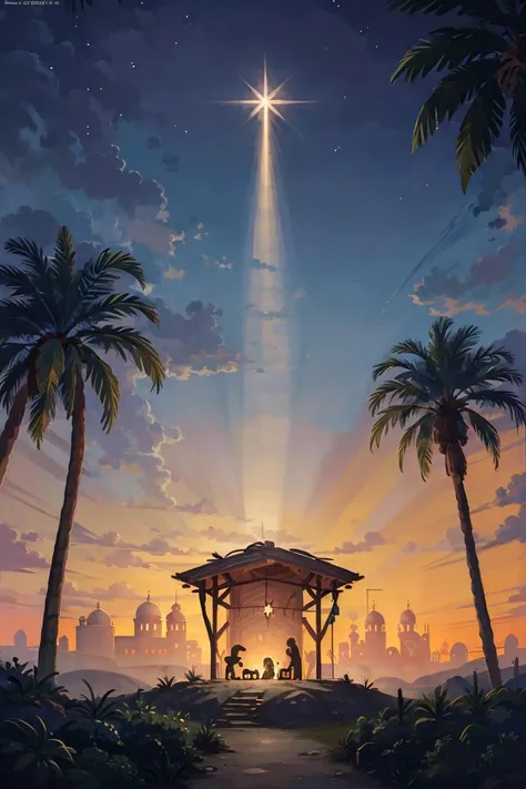 ((masterpiece,best quality)), absurdres,
<lora:Star_of_Bethlehem:0.8>, Star_of_Bethlehem,  night sky, starry sky, glowing,
outdoors, tree, building, green theme, palm tree, silhouette