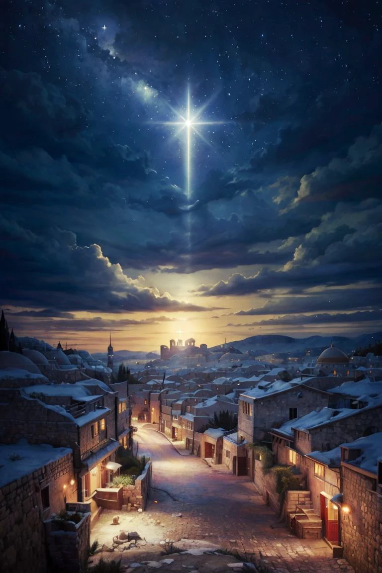 <lora:twistedscarlett60_style:0.8>, ((masterpiece,best quality)), <lora:Star_of_Bethlehem:0.8>, Star_of_Bethlehem, night sky, starry sky, glowing, small village