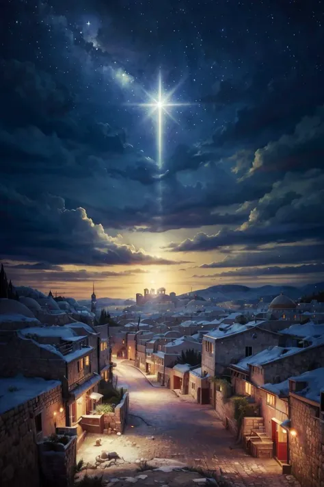 <lora:twistedscarlett60_style:0.8>, ((masterpiece,best quality)),  <lora:Star_of_Bethlehem:0.8>, Star_of_Bethlehem,  night sky, starry sky, glowing, small village