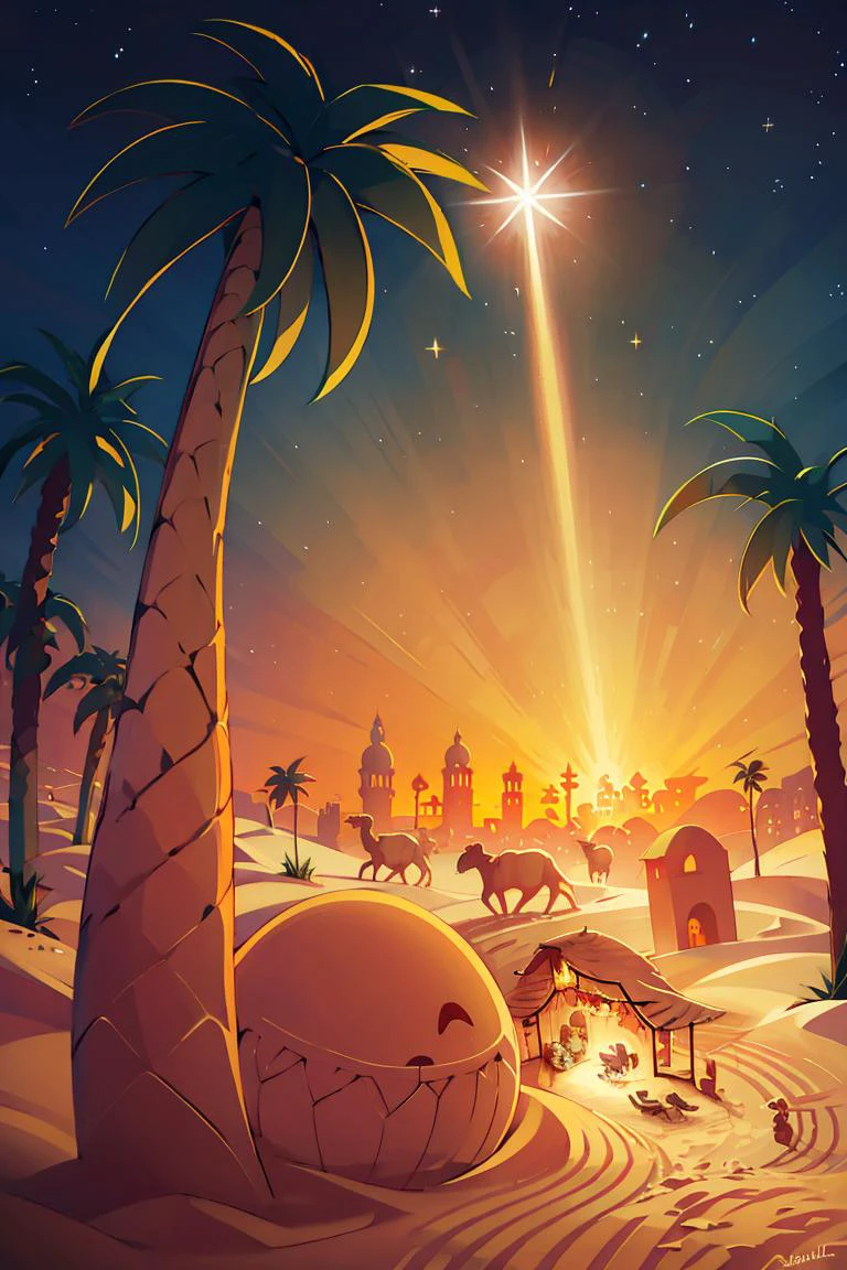 <lora:ricegnat_style:0.8>, ((masterpiece,best quality)), absurdres, <lora:Star_of_Bethlehem:0.8>, Star_of_Bethlehem, night sky, starry sky, sand, palm tree, silhouette, sand sculpture, sand