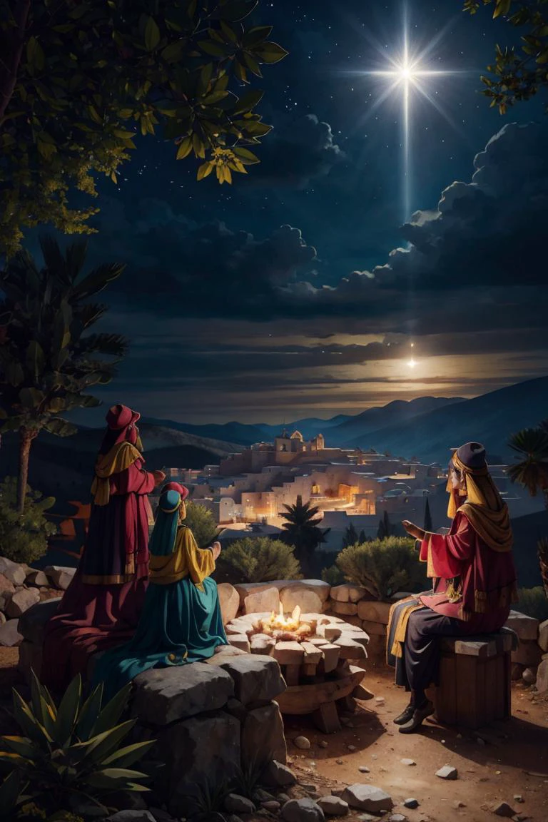 <lora:ricegnat_style:0.8>, ((masterpiece,best quality)), <lora:Star_of_Bethlehem:0.8>, Star_of_Bethlehem, night sky, starry sky, multiple girls, hat, sitting, outdoors, tree, mountain