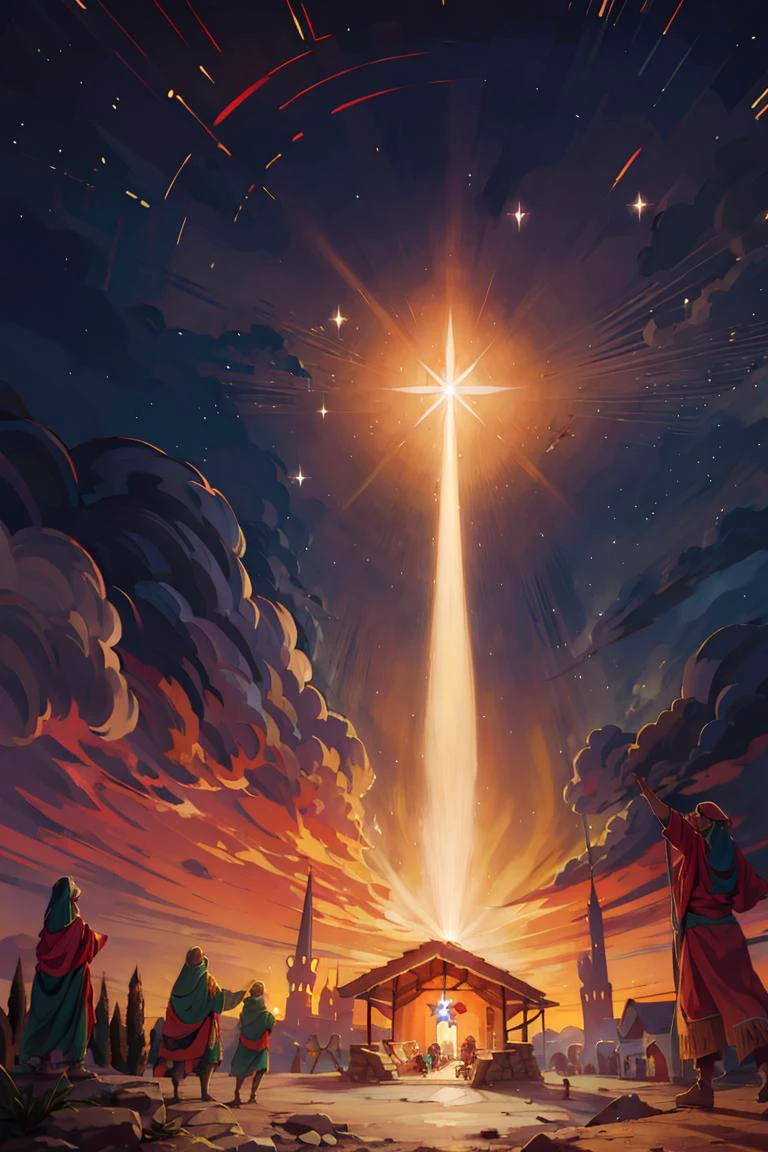 <lora:ricegnat_style:0.8>, ((masterpiece,best quality)), absurdres, <lora:Star_of_Bethlehem:0.8>, Star_of_Bethlehem, night sky, starry sky, glowing, small village