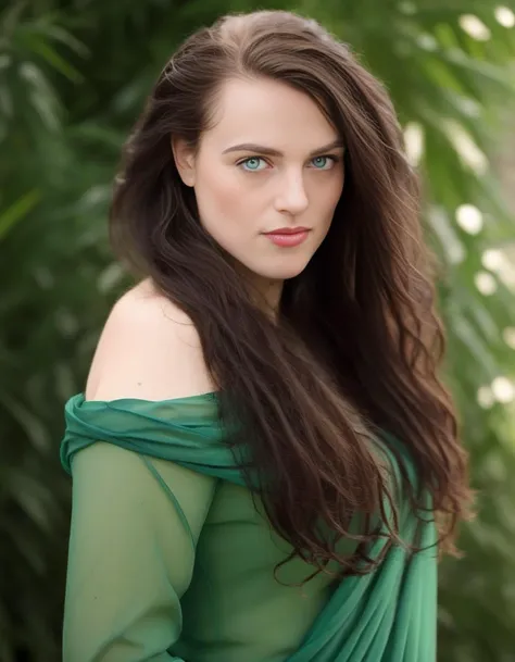 KatieMcgrath,<lora:KatieMcgrathSDXL:1>The image features a stunningly beautiful young woman with long, curly hair and bright blue eyes. She is wearing a green dress and a scarf, giving her a stylish and elegant appearance. The woman is looking at the camera, capturing her attention and making the viewer feel as if they are looking into her eyes. The overall scene is visually appealing and showcases the woman's beauty and grace.