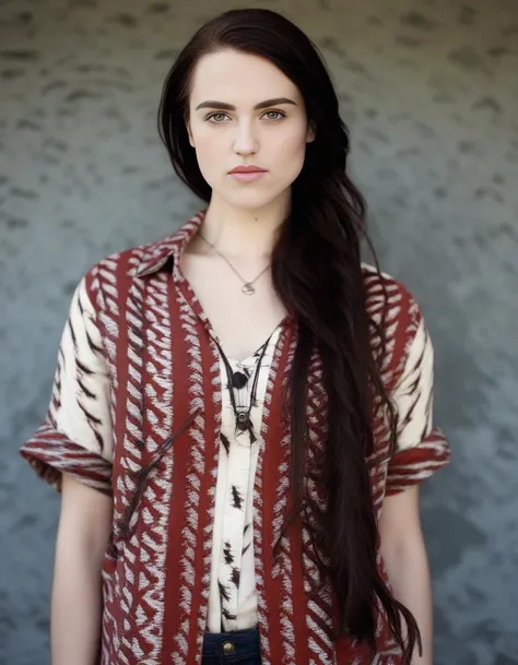 KatieMcgrath,<lora:KatieMcgrathSDXL:1>,A close-up portrait of a young girl, fishtail braid style, slim with curves, ikat motive shirt, captured by a randomly selected photographer. This image, characterized by its minimalism style and outdoor background that was recognized as a contest winner. It has been featured on CG Society.