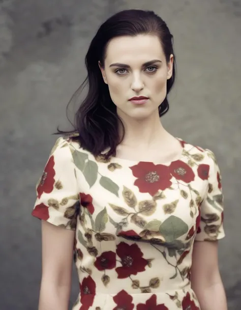 KatieMcgrath,<lora:KatieMcgrathSDXL:1>,Generate a fashion concept inspired by the elegance of botanical elements. Envision clothing designs that incorporate floral patterns, organic textures, and natural color palettes. Consider how this collection captures the essence of nature in a sophisticated and wearable way