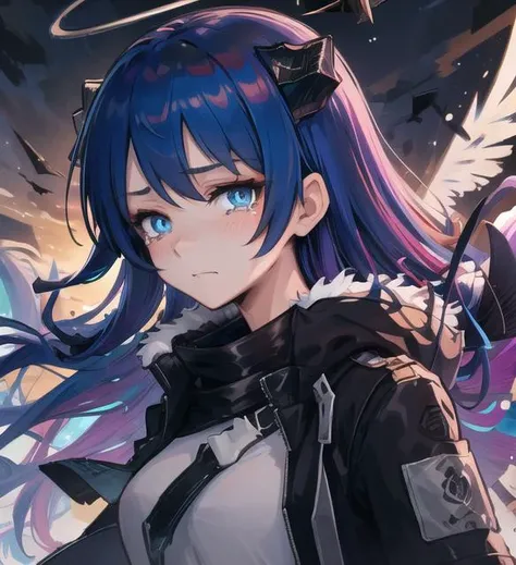 {{{masterpiece}}},{extremely detailed CG unity 8k wallpaper},best quality,Amazing,finely detail,solo,cinematic lighting,close-up,{{floating hair}},{{Sakura}},outdoors,sky,{{wind}},detailed background,beautiful detailed eyes,,bright pupils, dynamic pose,dynamic angle,looking at viewer,detailed clothes,, original_outfit,1girl, black coat, black necktie,  broken glass,  white shirt, black shorts, horns, heaven's feel, gun, smile,  blush,   blue eyes, looking at views, sitting on the throne, crossed legs, blue hair, wings, fallen angel, head tilt, from below,  <lora:arknightsMostima_v10:1>