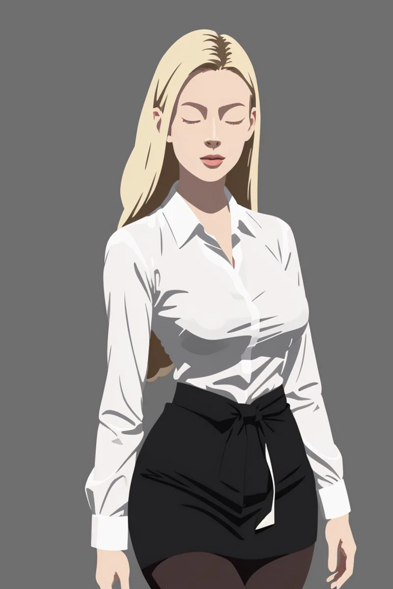 vector art, 1girl, solo, <lora:Minimalist-v2-01:1>, ChopioMinimalist, long hair, blond hair, looking at viewer, simple background, grey background, no eyes, no face, mature woman, big breasts, office lady, black pantyhose, black short skirt, white shirt, black tie, wide hips, tiny waist,