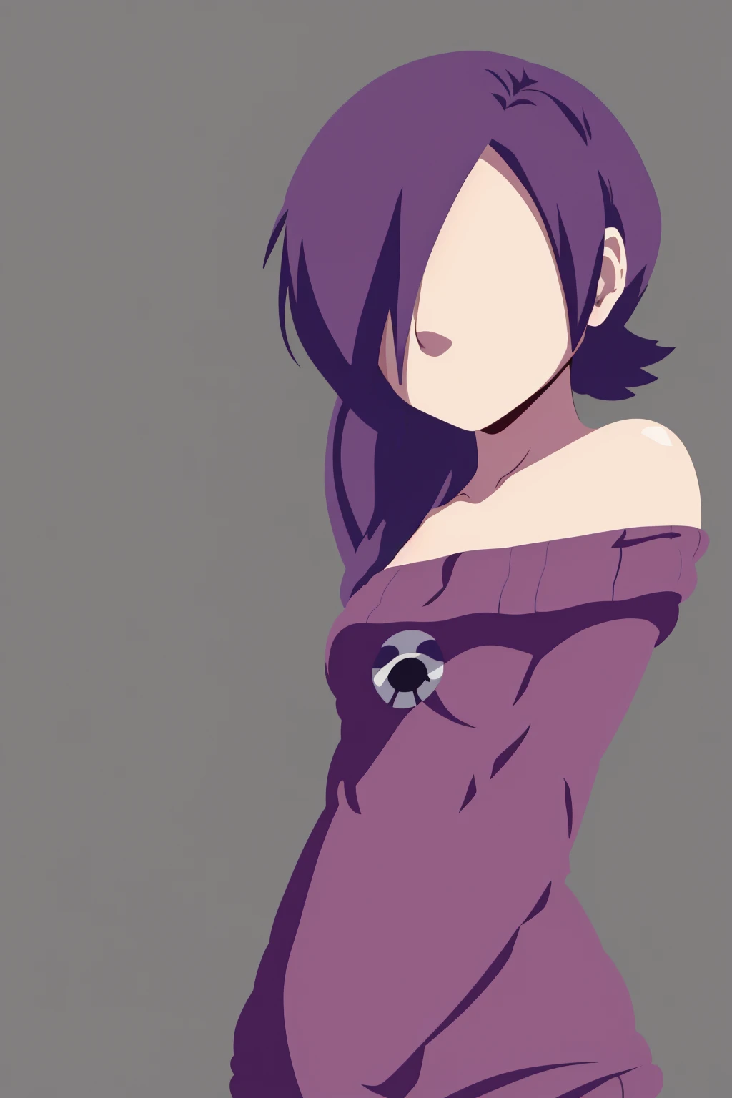 masterpiece, best quality, vector art, ChopioMinimalist, simple background, grey background, no eyes, no face, 1girl, zonetan, closeup, hair over one eye, purple long hair, off-shoulder sweater, solo <lora:ZonetanV2:0.9> <lora:Minimalist-v2-01:1>