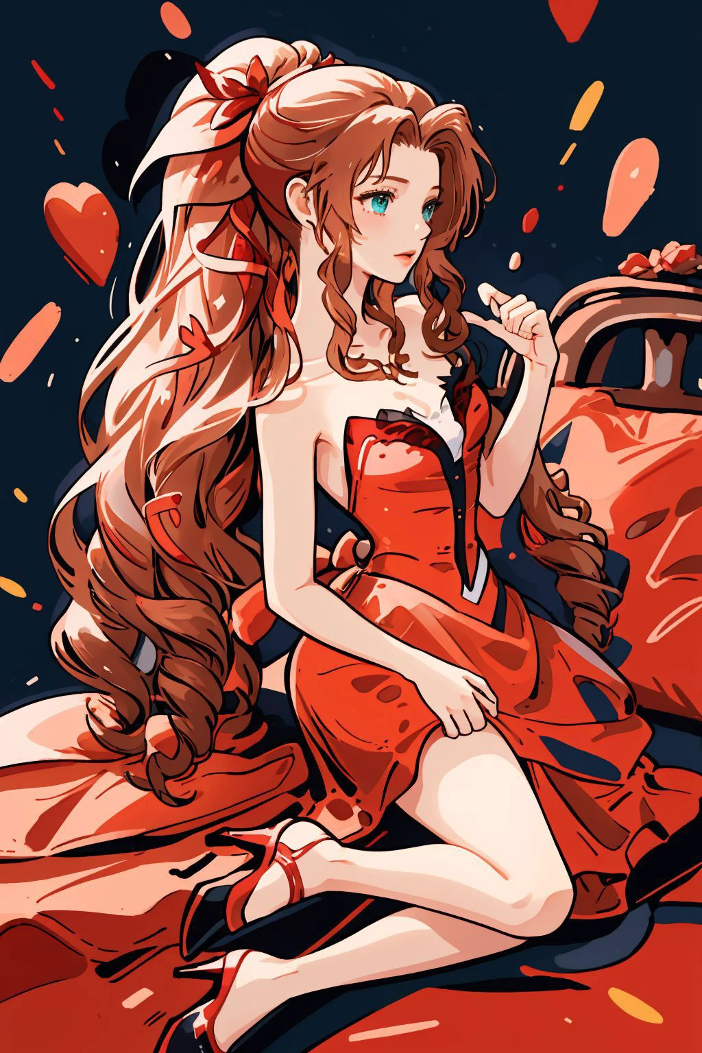 <lora:sharpie:0.8>,1girl,solo, <lora:aerith-nvwls-v1-final:1>, aerith gainsborough, very long hair, hair ribbons, hair flowers, strapless red dress, high heels, (masterpiece, best quality, high quality, highres, ultra-detailed),