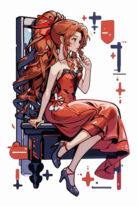 <lora:sharpie:0.8>,1girl,solo, <lora:aerith-nvwls-v1-final:1>, aerith gainsborough, very long hair, hair ribbons, hair flowers, strapless red dress, high heels, (masterpiece, best quality, high quality, highres, ultra-detailed),