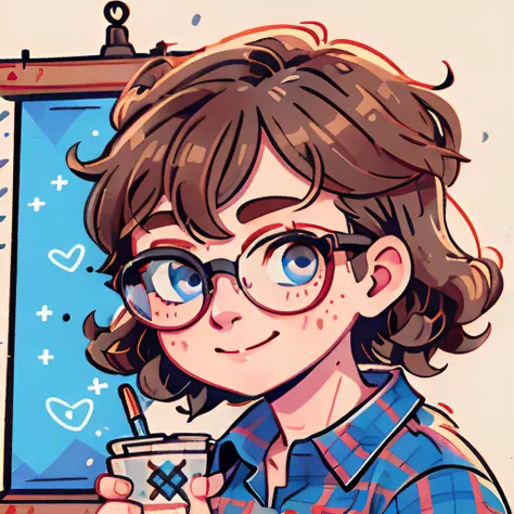 <lora:bzl:0.8>, <lora:niji-sharpie:1.0>, Niji Sharpie, bzl_test, (grey|blue) eyes, short curly brown hair, glasses, flannel shirt, (freckles:0.4), closed smile, masterpiece, 8k, high resolution, shallow depth of field, sharp focus