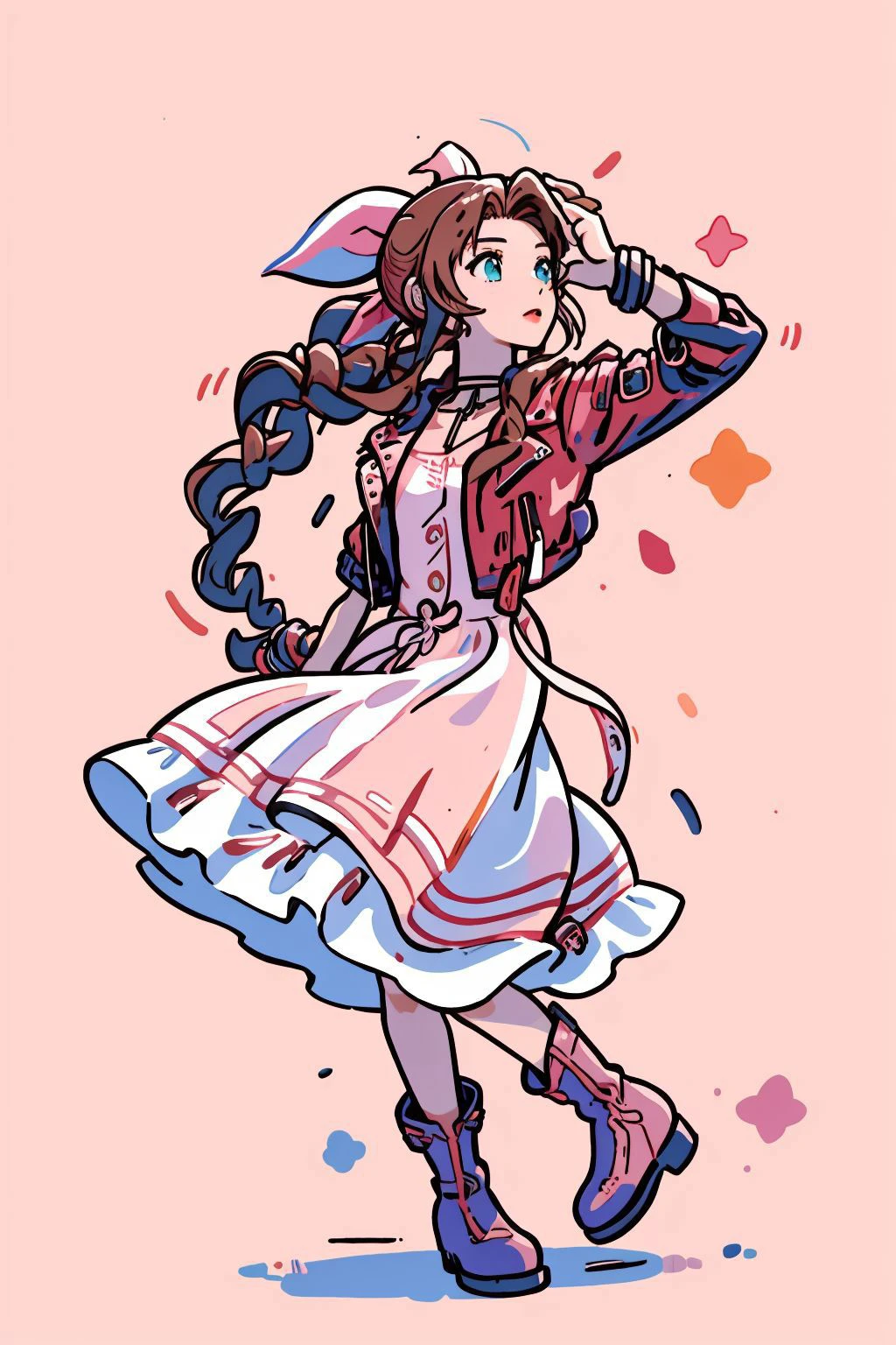 <lora:sharpie:0.8>,1girl,solo, <lora:aerith-nvwls-v1-final:1>, aerith gainsborough, choker, cropped jacket, hair bow, bracelet, pink dress, brown boots, (masterpiece, best quality, high quality, highres, ultra-detailed),