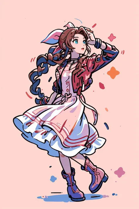 <lora:sharpie:0.8>,1girl,solo,  <lora:aerith-nvwls-v1-final:1>, aerith gainsborough, choker, cropped jacket, hair bow, bracelet, pink dress, brown boots, (masterpiece, best quality, high quality, highres, ultra-detailed),