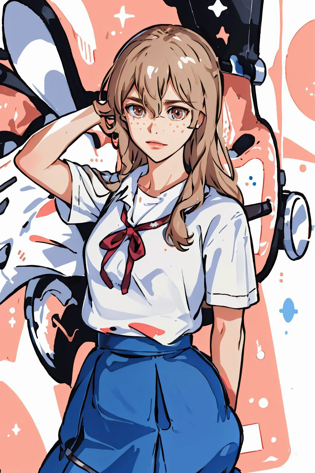 <lora:sharpie:0.8>,1girl,solo, <lora:aoki_clair_v1:1>, aoki1, brown eyes, freckles, skirt, white shirt, ribbon, (masterpiece, best quality, high quality, highres, ultra-detailed),