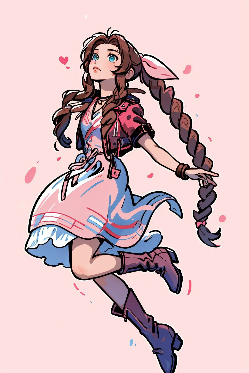 <lora:sharpie:0.8>,1girl,solo, <lora:aerith-nvwls-v1-final:1>, aerith gainsborough, choker, cropped jacket, hair bow, bracelet, pink dress, brown boots, (masterpiece, best quality, high quality, highres, ultra-detailed),