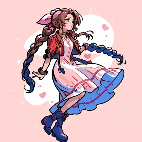 <lora:sharpie:0.8>,1girl,solo,  <lora:aerith-nvwls-v1-final:1>, aerith gainsborough, choker, cropped jacket, hair bow, bracelet, pink dress, brown boots, (masterpiece, best quality, high quality, highres, ultra-detailed),