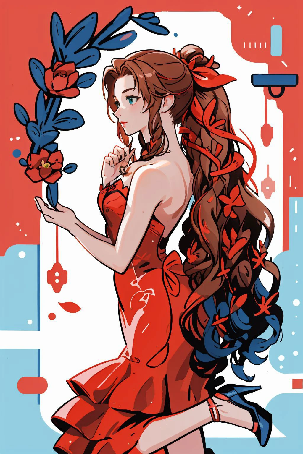 <lora:sharpie:0.8>,1girl,solo, <lora:aerith-nvwls-v1-final:1>, aerith gainsborough, very long hair, hair ribbons, hair flowers, strapless red dress, high heels, (masterpiece, best quality, high quality, highres, ultra-detailed),