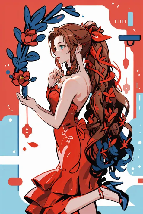 <lora:sharpie:0.8>,1girl,solo,  <lora:aerith-nvwls-v1-final:1>, aerith gainsborough, very long hair, hair ribbons, hair flowers, strapless red dress, high heels, (masterpiece, best quality, high quality, highres, ultra-detailed),