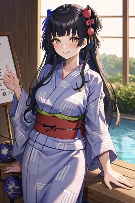 best quality, masterpiece, highres, solo, {yukata:1.40}, {kimono:1.20}, {mayuzumi_fuyuko_theidolmstershinycolors:1.15}, black_hair, bangs, long_hair, blush, brown_eyes, blunt_bangs, breasts, two_side_up, smile, ribbon, medium_breasts