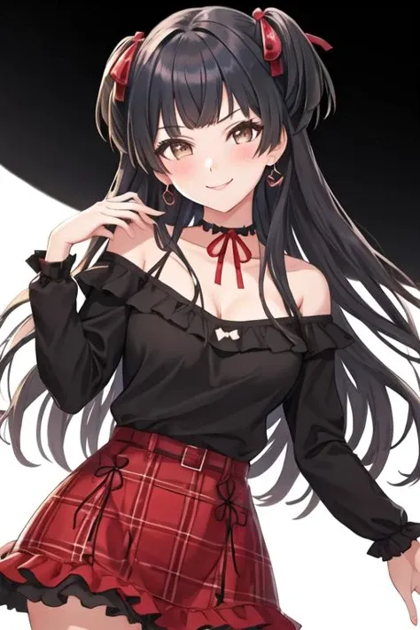 ((Masterpiece)), ((best quality)), (Anime:1.3), (super detail:1.2), (High Definition:1.3), (Professional Photography:1.3), (()), cute young Girl, Glossy unruly hair, (loose blunt bangs), colorful hair, long hair, big eyes, (long eyelashes), ((Thin and short eyebrows)), colorful eyes, (evil smile), open mouth, jagged teeth, joy, (cute tanktop), barearms, cute, (place hand to hip), (colorful:1.3), gothic makeup, (in the bedroom),