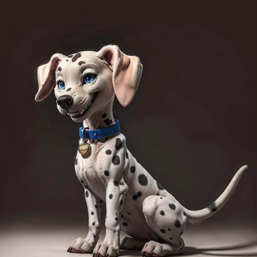 Masterpiece, best high quality, nice lighting, 4K, absurdres, full view, 1girl, solo, Cadpig, (big head), feral dalmatian, (thin small body), dog tail, floppy ears with white fur, black nose, blue collar, <lora:Cadpig-_101D:0.7>, big grin, pinup, simple background