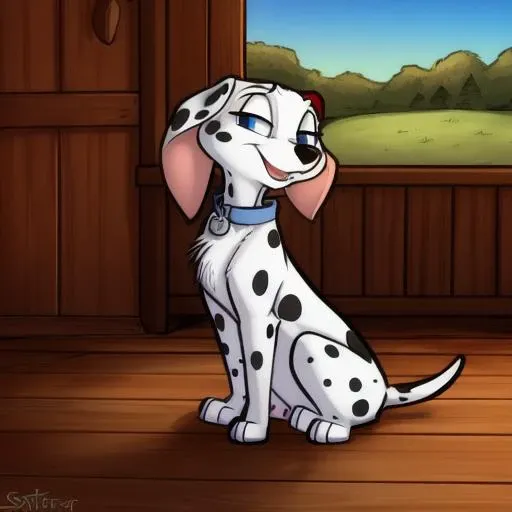 a beautiful and detailed portrait of a female, <lora:Cadpig-_101D:1>, Female, dog, Cadpig, short, (puppy), (short legs), (dalmatian), feral, floppy ears, blue eyes, blue collar, open mouth, ((do_me_eyes)), half closed eyes, (((sexy pose))),
BREAK, art by smitty g, by the giant hamster, by nekostar, by carrot,
detailed background, (detailed wooden floor), detailed barn background, detailed farm haystacks,