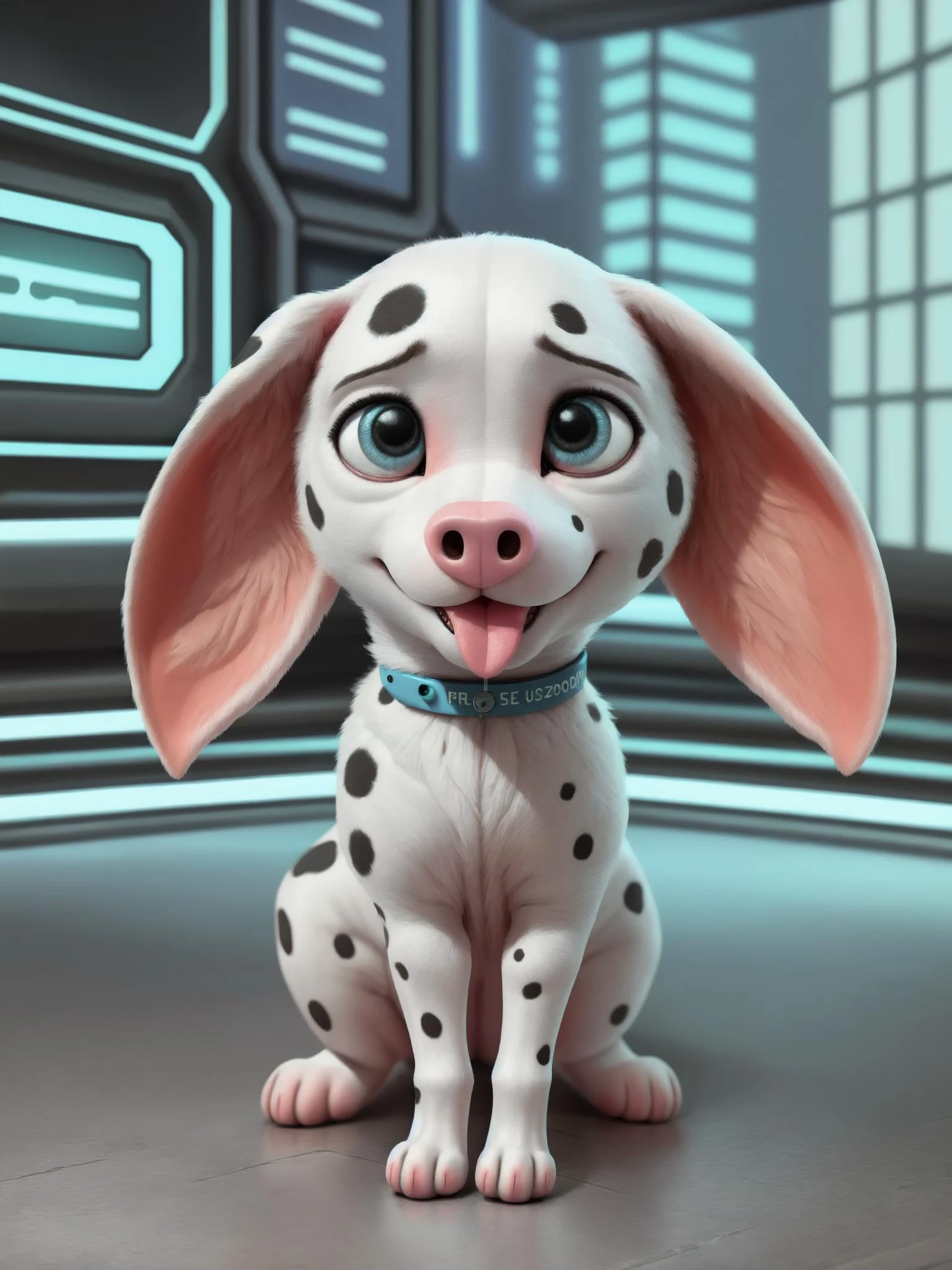 Hyper realistic, ultra detailed, masterwork image of <lora:Cadpig-_101D:1> dalmatian, soft fur, fluffy fur, puppy, chibi, feral, Cadpig with large ears, Begging, Playful expression, tongue lolling. In a futuristic city, detailed background. <lora:TeddyBear:0.25>