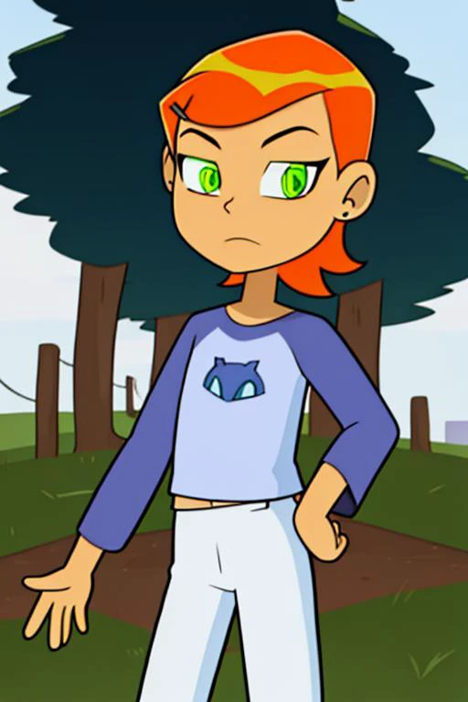 <lora:xierra-10:1> xierra, 1girl,outdoors, cowboy shot, <lora:gwen tennyson:0.85> Gwendolyn_Tennyson, blue shirt, long sleeves, white pants, orange hair, green eyes, solo