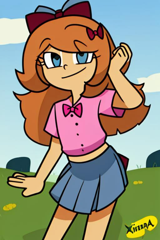 <lora:xierra-10:1> xierra, , solo, <lora:fnaf elizabeth afton-08:0.8> elizabeth , elizabeth, , bow, pink shirt, blue skirt, hair bow, solo