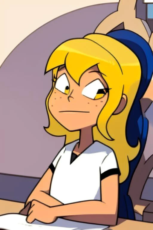 <lora:xierra-10:1> xierra, , solo <lora:lucy-10:0.65> lucy, freckles, star (symbol), blonde