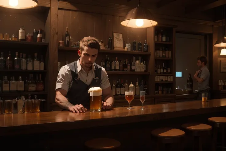 beer, bartender, wood, cinematic, atmospheric, dust particles, chiaroscuro