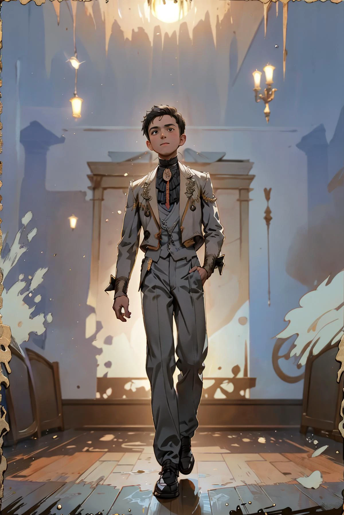 , pleased, proper, ballroom, male, pants <lora:1900_dress_v2:1> 1900_dr3ss, cinematic, atmospheric, dust particles, chiaroscuro