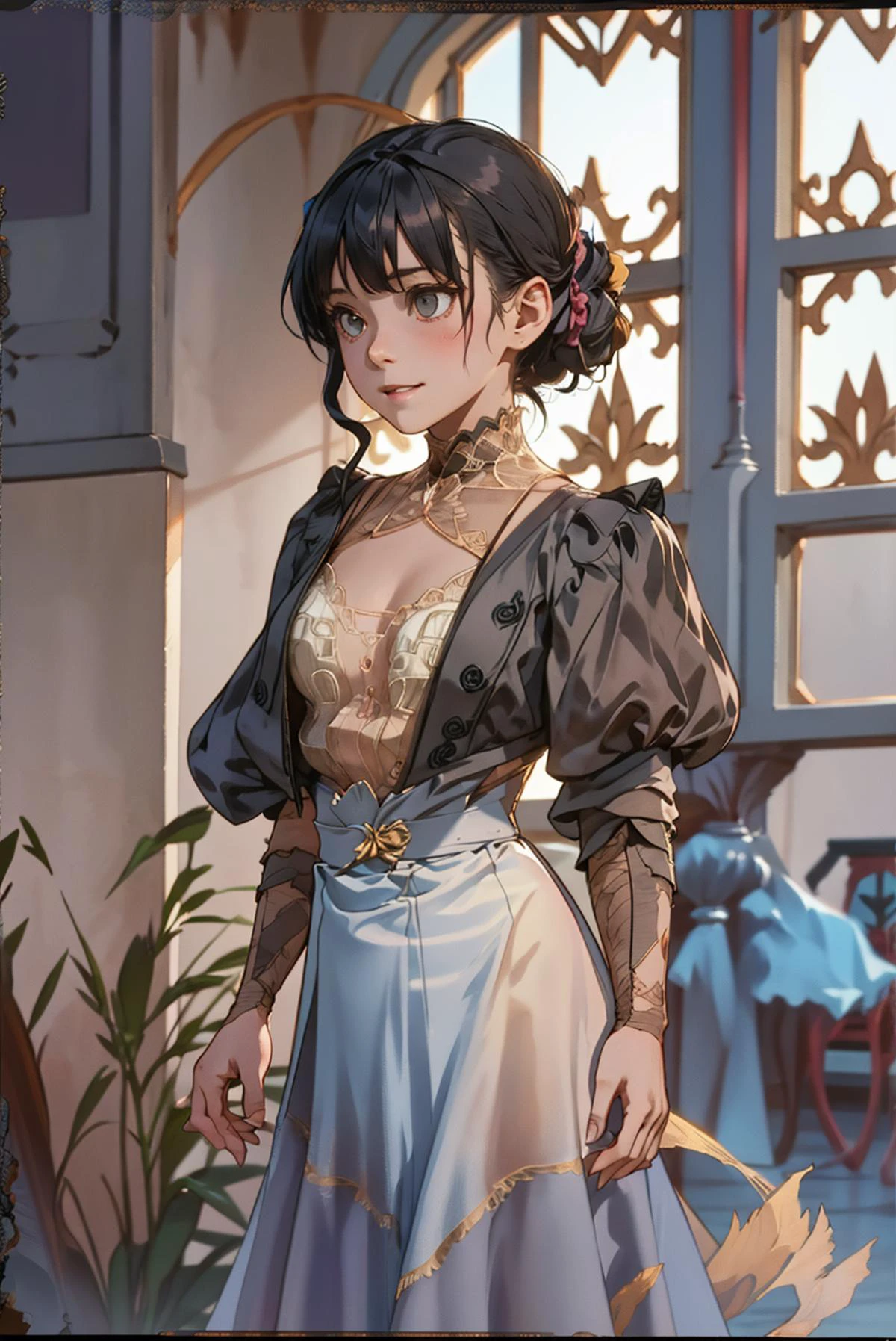 , pleased, proper, ballroom, female, <lora:1900_dress_v2:1> 1900_dr3ss, cinematic, atmospheric, dust particles, chiaroscuro