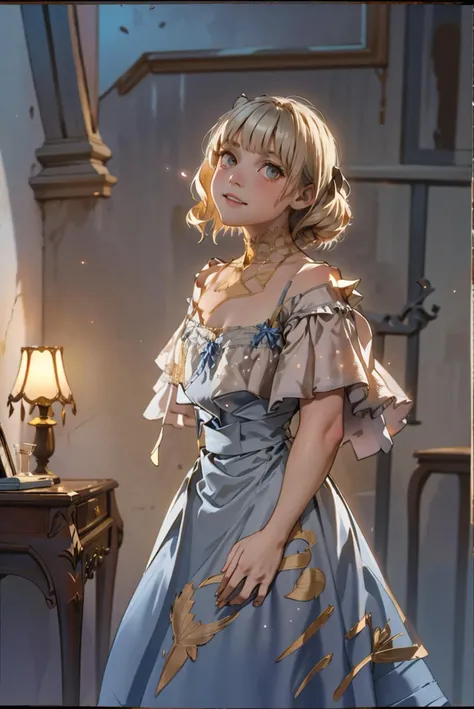 little girl, pleased, proper, ballroom, female, <lora:1900_dress_v2:1> 1900_dr3ss, cinematic, atmospheric, dust particles, chiaroscuro