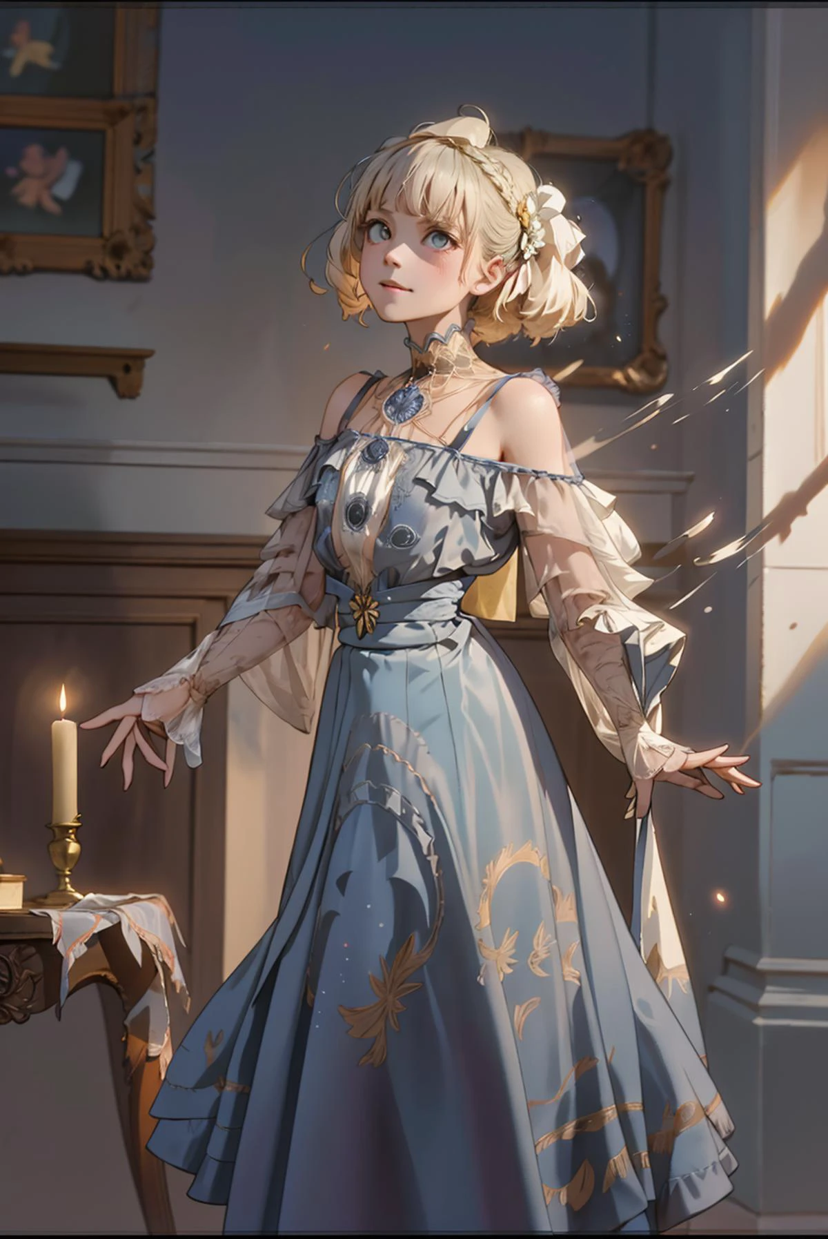 , pleased, proper, ballroom, female, <lora:1900_dress_v2:1> 1900_dr3ss, cinematic, atmospheric, dust particles, chiaroscuro