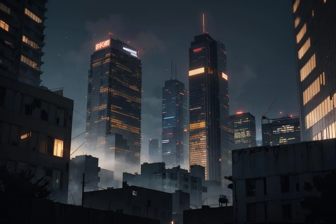 skyscrapers, city, cinematic, atmospheric, dust particles, chiaroscuro