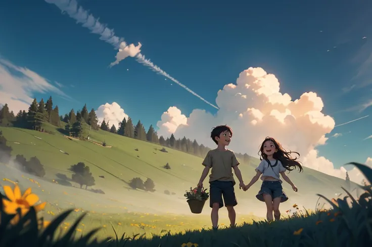 children, happy, picking flowers, lush grass, blue sky, clouds, cinematic, atmospheric, dust particles, chiaroscuro