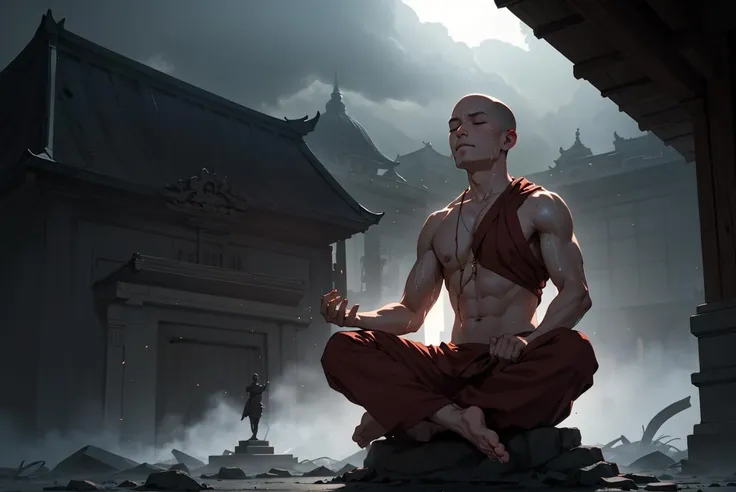 monk, meditating, temple, statue, tense, [[sweat]], intense, closed eyes, cinematic, atmospheric, dust particles, chiaroscuro