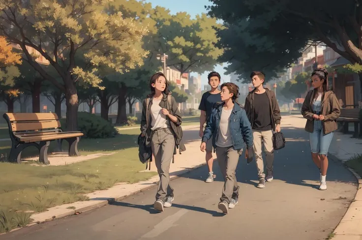 boys and girls walking in park, bench, trees, sidewalk, blue sky, cinematic, atmospheric, dust particles, chiaroscuro